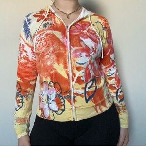 orange, pink, navy, white, and yellow unique floral print y2k sweater hoodie